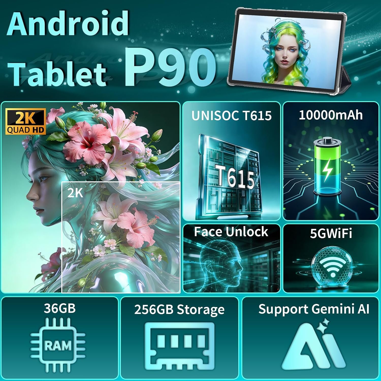 13 Inch Tablet with Keyboard Android 16 Tablet 36GB256GB2TB Black