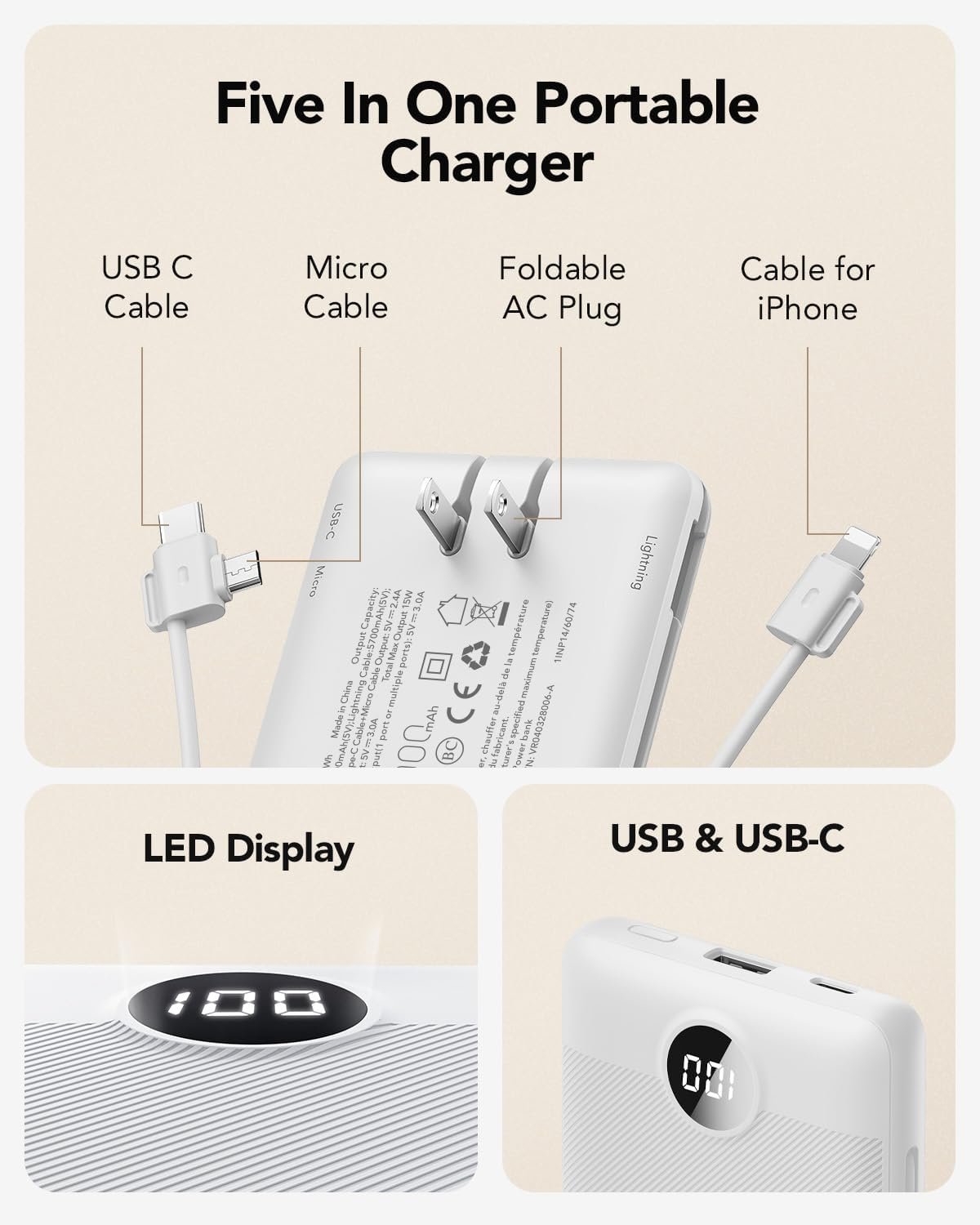 1792404204 VRURC Portable Charger Power Bank Built in Cables and AC Wall Plug
