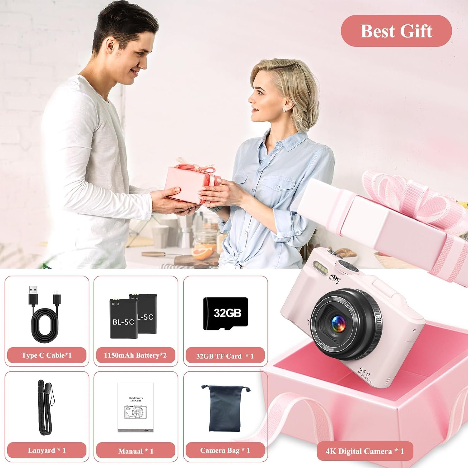 1792479215 4K Digital Camera for Photography 64MP Vlogging Camera for YouTube WiFi Vlog Cameras with 18X Digital Zoom 3 Flip Screen and 32GB TF Card Pink