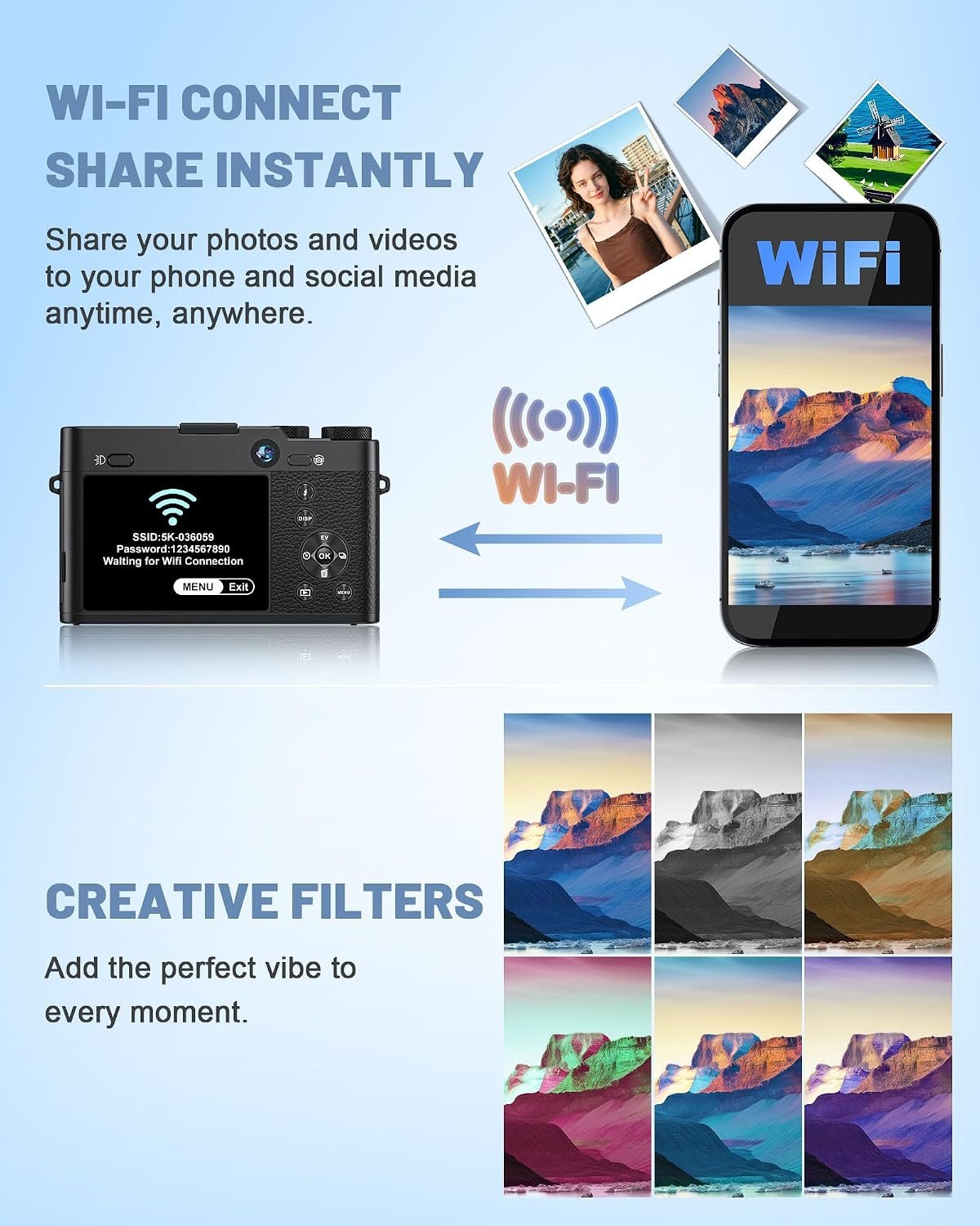 1792492122 5K Digital Camera with 6X Optical Zoom64MP WiFi Camera with 64GB Card