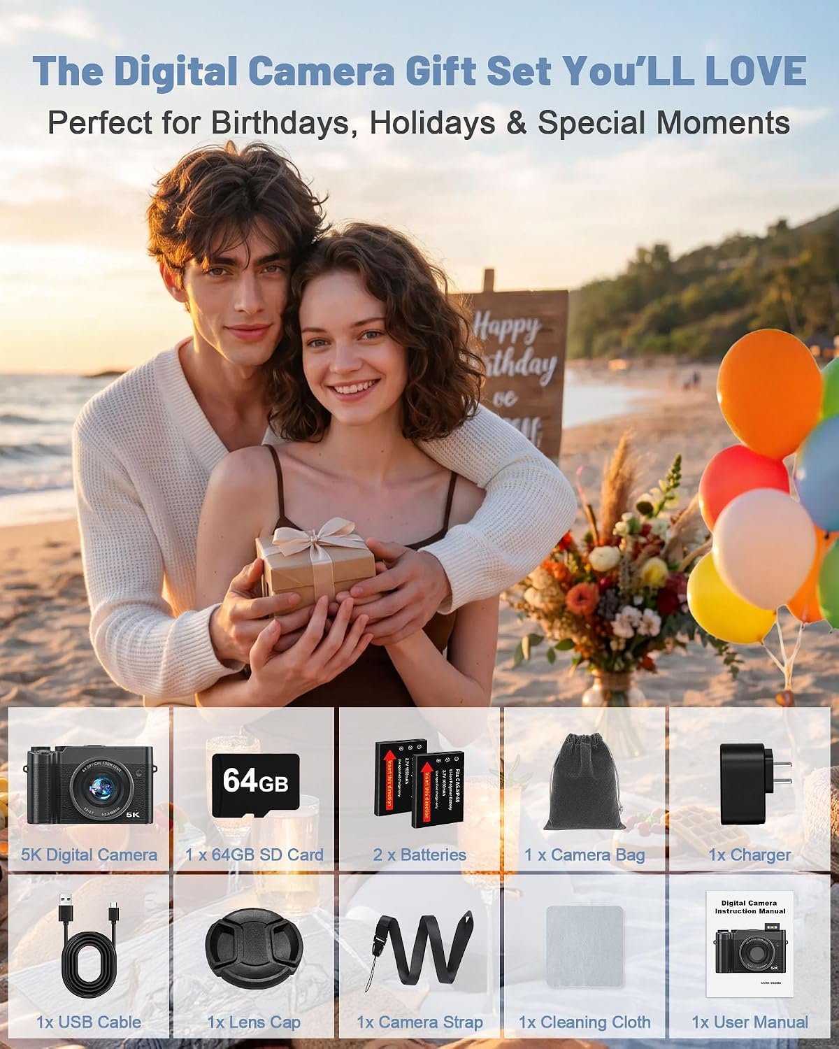1792492123 5K Digital Camera with 6X Optical Zoom64MP WiFi Camera with 64GB Card