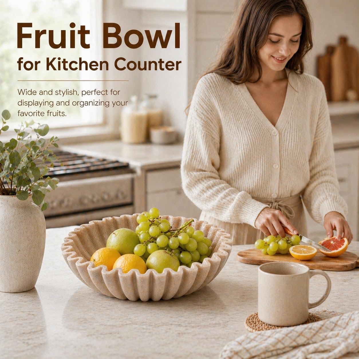 1792754346 Large Decorative Bowl Modern Handicraft Bowls for Home Decor Fruit Bowl for Kitchen Counter Ruffle Decor Stylish Key Bowl for Entry Table Artificial Stone Beige