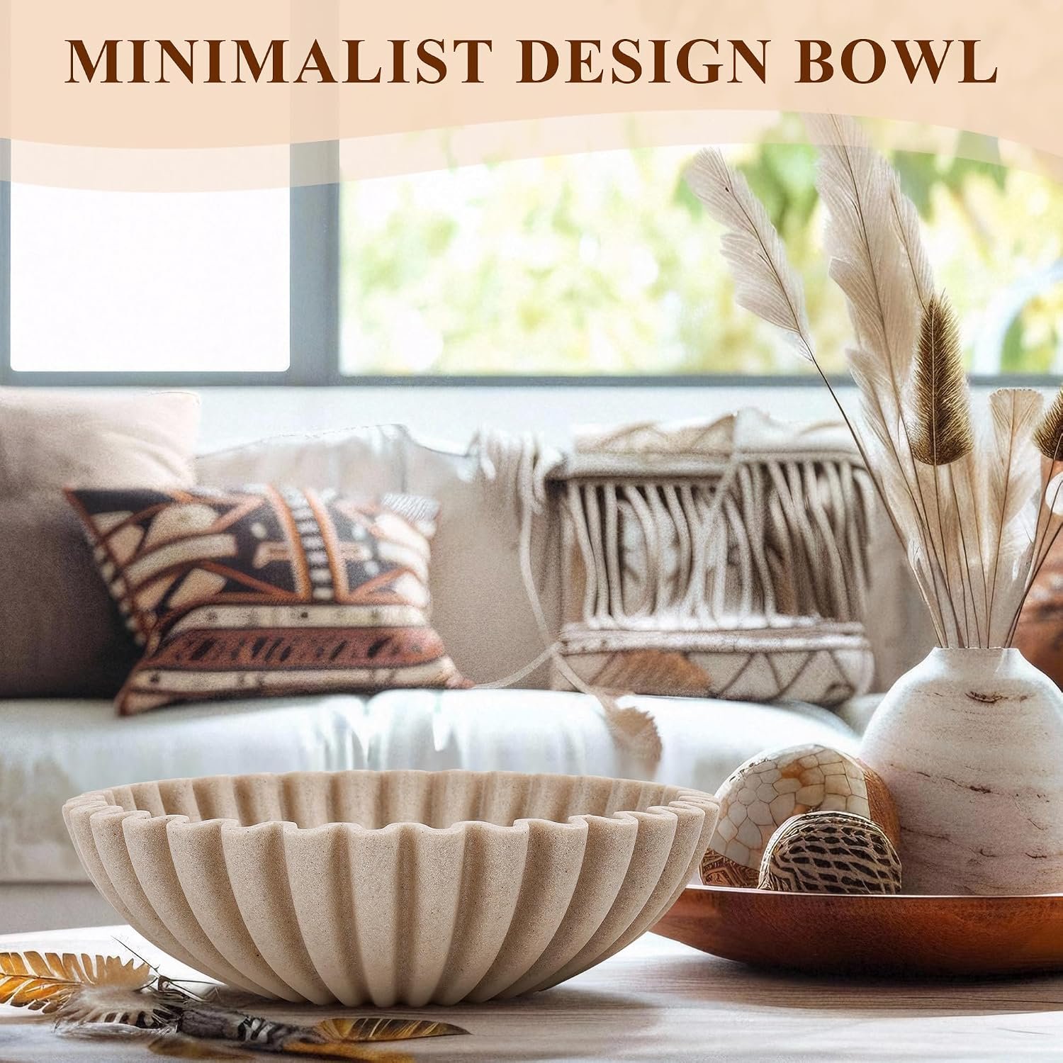 1792754348 Large Decorative Bowl Modern Handicraft Bowls for Home Decor Fruit Bowl for Kitchen Counter Ruffle Decor Stylish Key Bowl for Entry Table Artificial Stone Beige