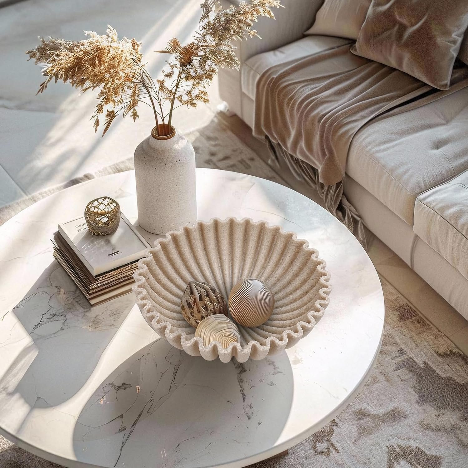 1792754352 Large Decorative Bowl Modern Handicraft Bowls for Home Decor Fruit Bowl for Kitchen Counter Ruffle Decor Stylish Key Bowl for Entry Table Artificial Stone Beige