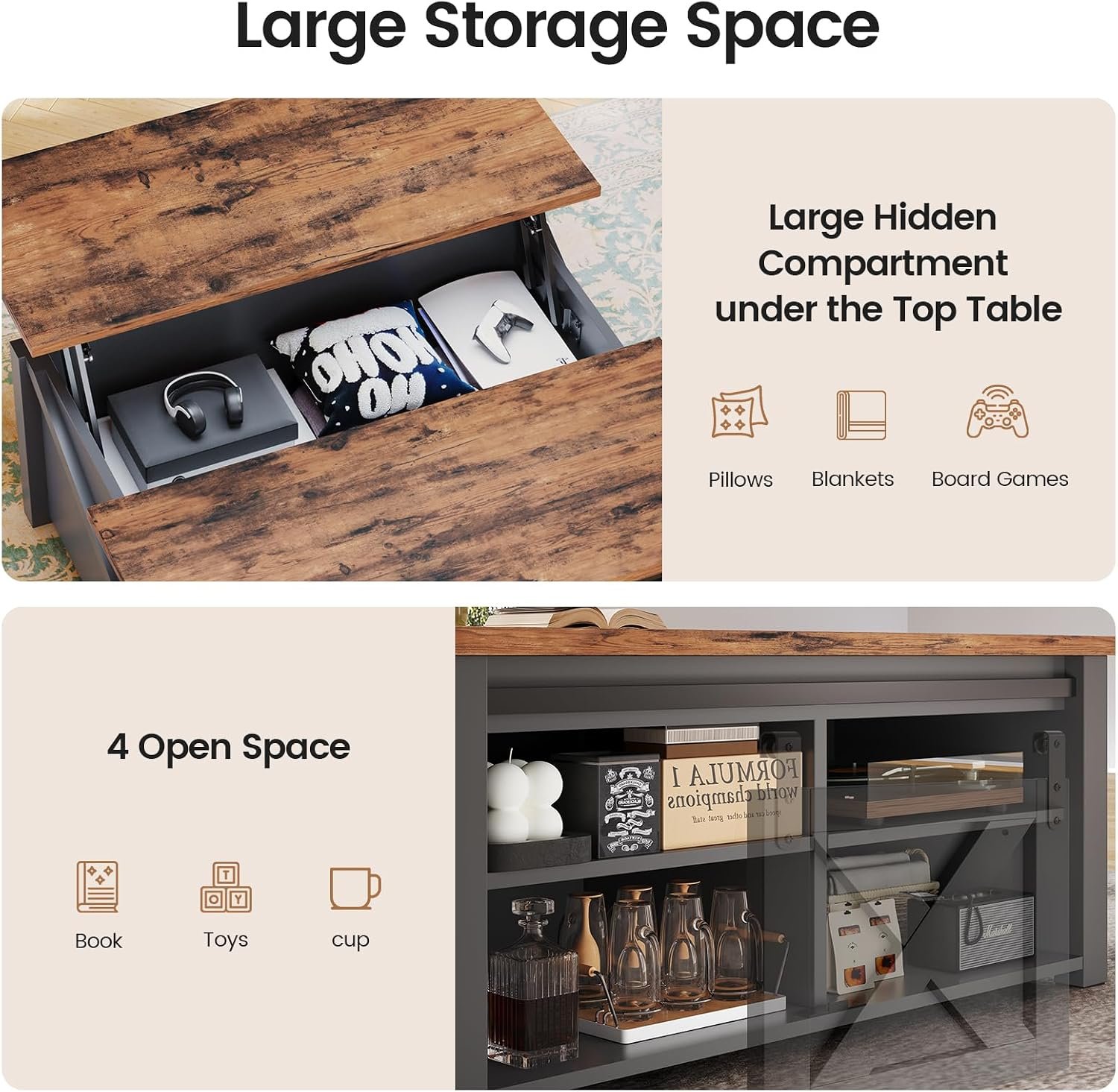 1792847207 SEDETA 31 5 Lift Top Coffee Table with Storage Square Coffee Tables for Living Room Farmhouse Coffee Table with Large Hidden Storage Compartment and Adjustable Shelves Black