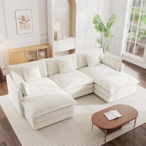 Modular Sectional Sofa, 111.5 Inch U Shaped Couch Set for Living Room, 3-Seater Comfy Cloud Couches with Movable Ottoman, DIY Combination, Chenille, Beige