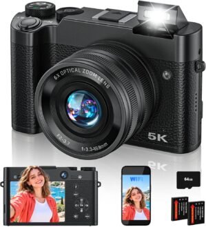 5K Digital Camera with 6X Optical Zoom,64MP WiFi Camera with 64GB Card