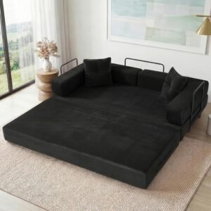 78 Inch Convertible Boneless Sleeper Sofa Bed, Modular Foldable Floor Couch, Corduroy Fabric, Memory Foam Filling, Modern Comfy Loveseat for Living Room, Small Spaces, Assembly Free, Black