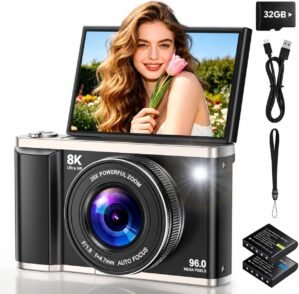 8K 96MP Digital Camera with WiFi, Autofocus, 20X Zoom, 3.5" Flip Screen
