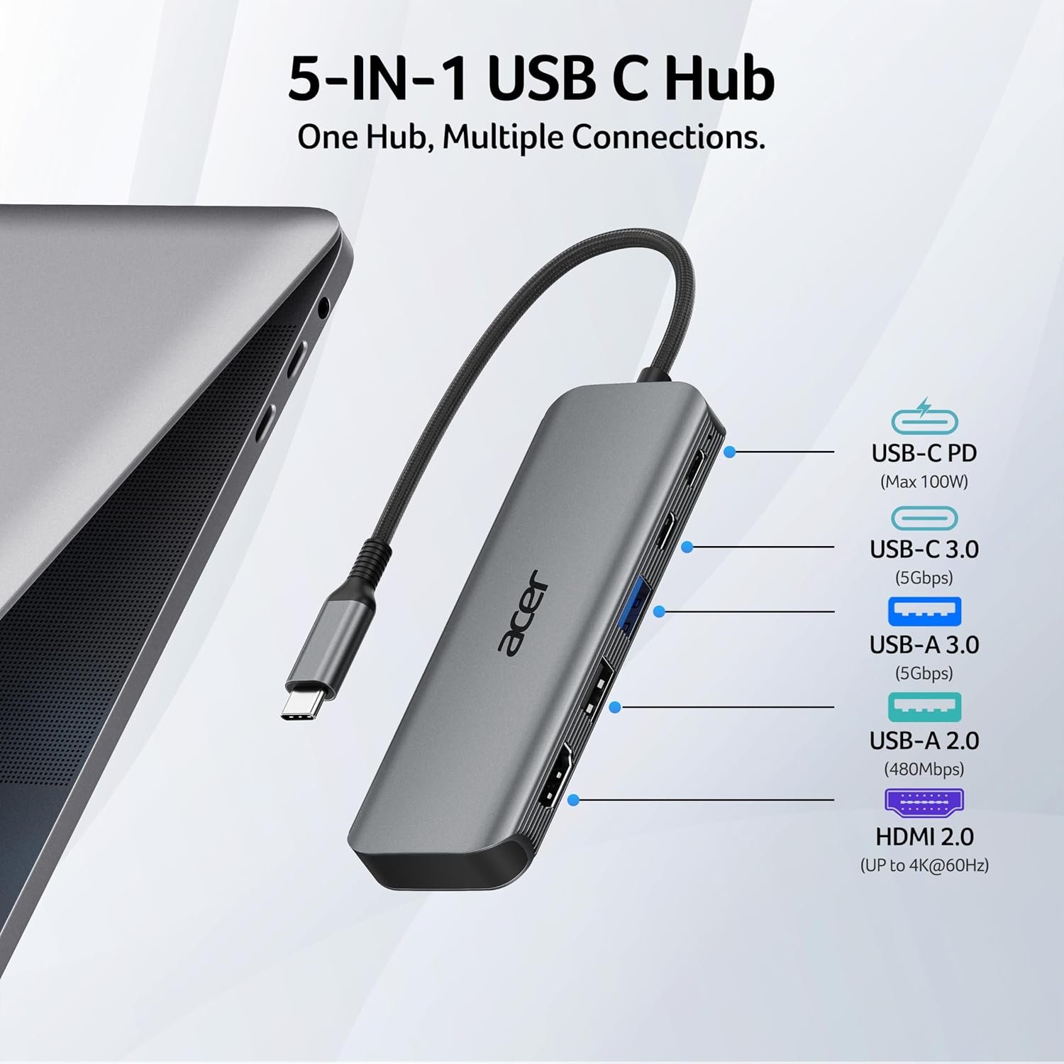 Acer USB C Hub 5 in 1 USBC to HDMI Adapter with 4K 60Hz for LaptopMac