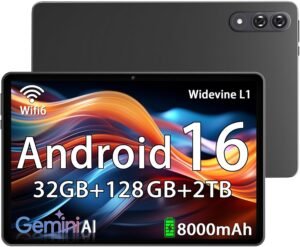 Android 16 Tablet with Gemini AI, 11 Inch Tablets with Octa Core Processor, 32GB RAM 128GB ROM 2TB Expand, 16MP 8MP, 1920x1200 IPS HD Display, Widevine L1, 8000mAh Battery, GPS, Face ID, WiFi 6