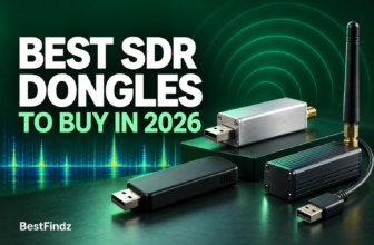 Three illustrative USB SDR receivers against a green background with radio signal graphics.