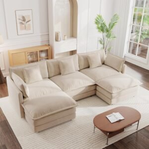 Modular Sectional Sofa, 111.5 Inch U Shaped Couch Set for Living Room, 3-Seater Comfy Cloud Couches with Movable Ottoman, DIY Combination, Chenille, Light Coffee
