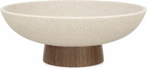 Pedestal Fruit Bowl, Decorative Resin Bowl, Faux Wood Base, Beige