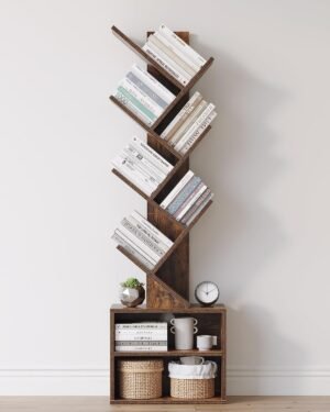 SUNMORY 6 Tier Tree Bookshelf, Tall Small Bookcase with Storage Cabinet